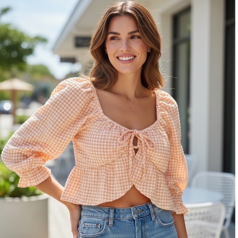 The Native One Apricot Gingham Tie Front Puff Sleeve Crop Top Cottagecore Preppy